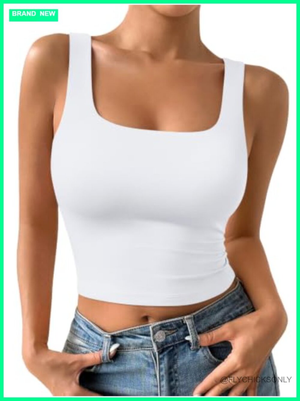 Square Neck Crop Tank Top Double Lined Wide Strap Slim Fit Sleeveless
